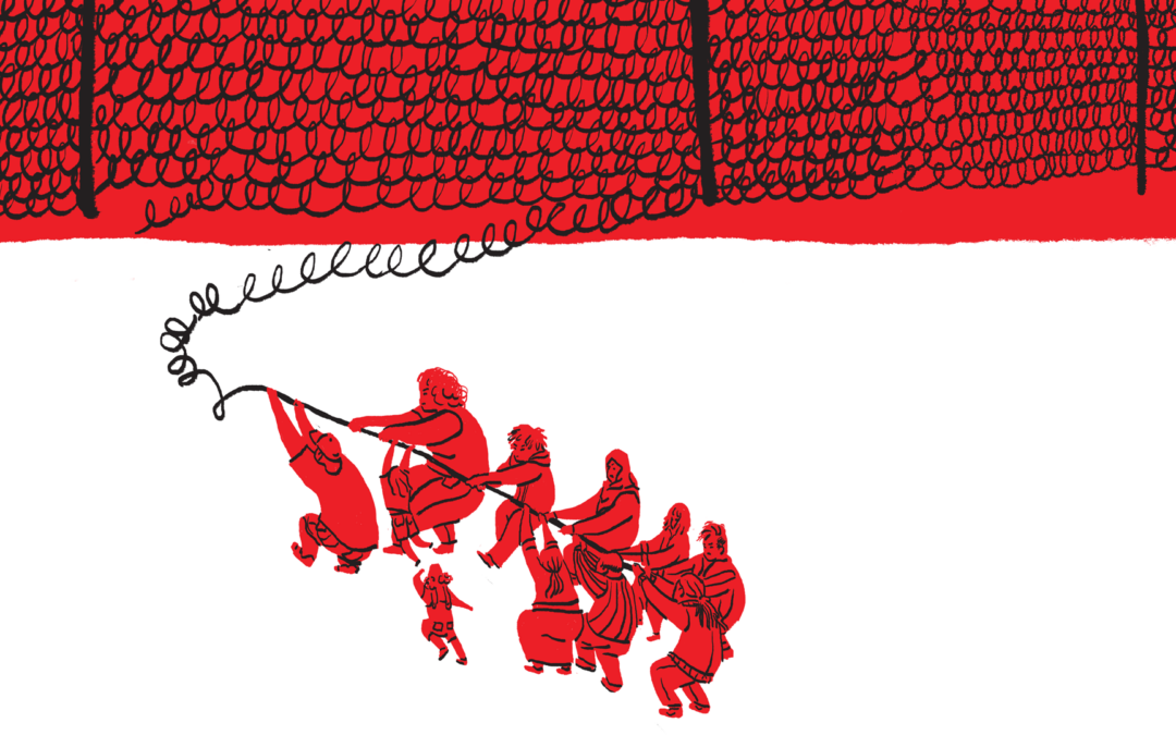 an illustration showing a group of people destroying barbed fence